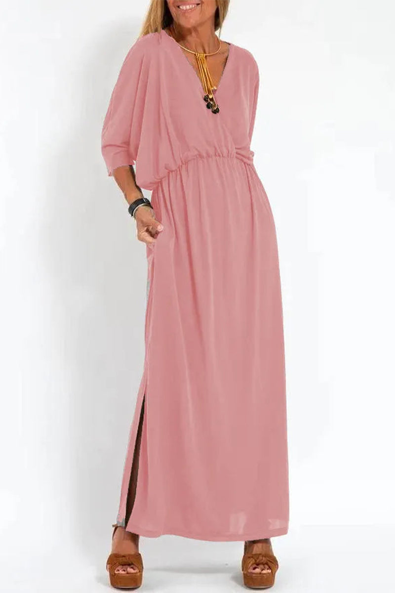 Casual Simplicity Solid Pocket Slit V Neck One Step Skirt Dresses Pink