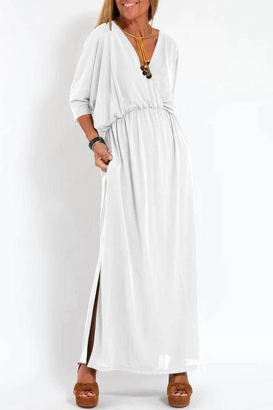 Casual Simplicity Solid Pocket Slit V Neck One Step Skirt Dresses White