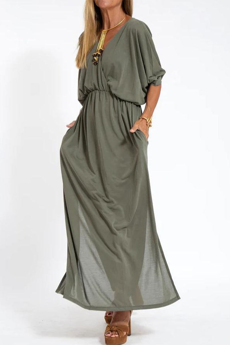 Casual Simplicity Solid Pocket Slit V Neck One Step Skirt Dresses Army Green