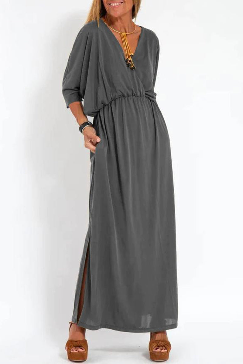 Casual Simplicity Solid Pocket Slit V Neck One Step Skirt Dresses Grey