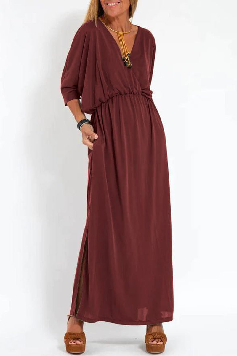 Casual Simplicity Solid Pocket Slit V Neck One Step Skirt Dresses Burgundy