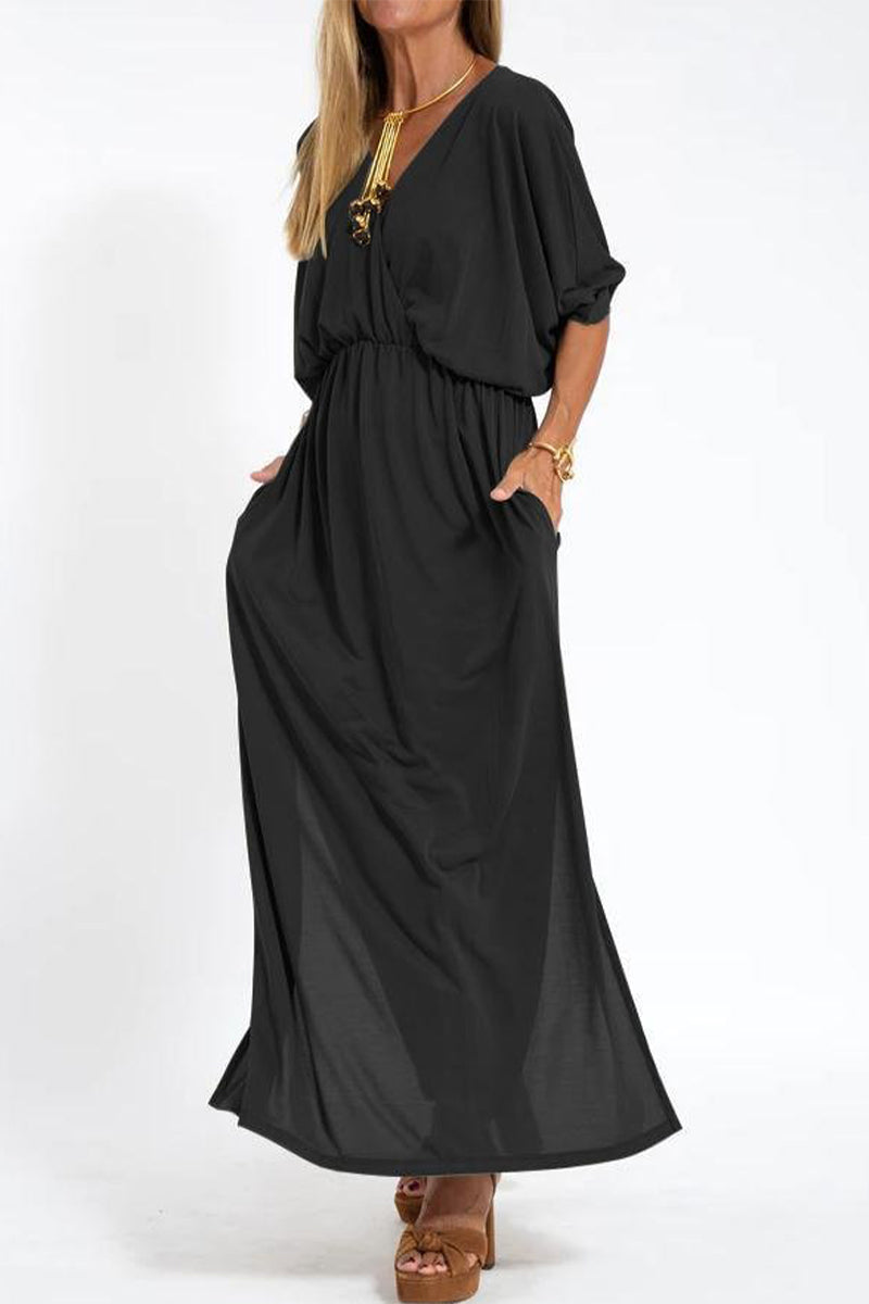 Casual Simplicity Solid Pocket Slit V Neck One Step Skirt Dresses Black