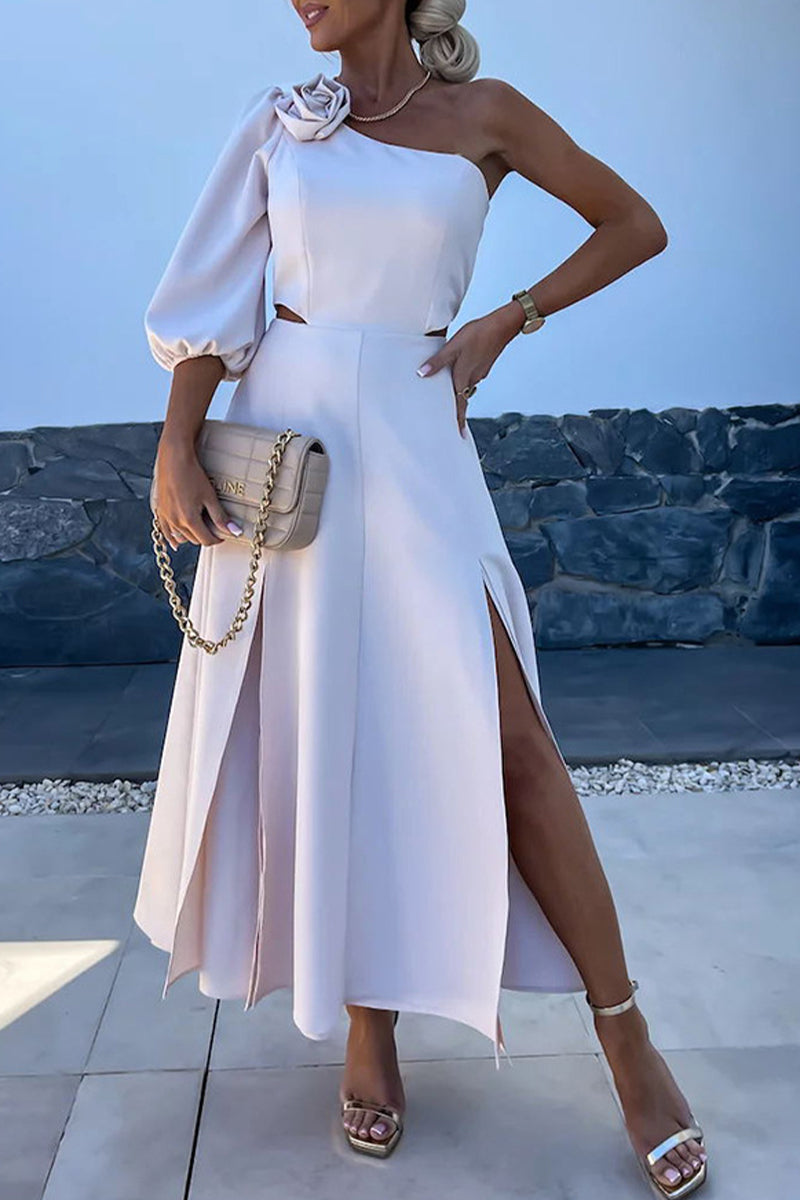 Celebrities Elegant Solid Slit Asymmetrical Flowers Oblique Collar A Line Dresses Apricot