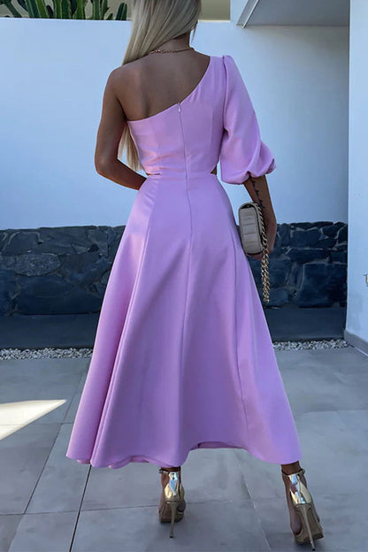 Celebrities Elegant Solid Slit Asymmetrical Flowers Oblique Collar A Line Dresses