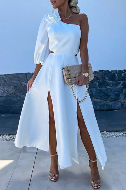 Celebrities Elegant Solid Slit Asymmetrical Flowers Oblique Collar A Line Dresses White