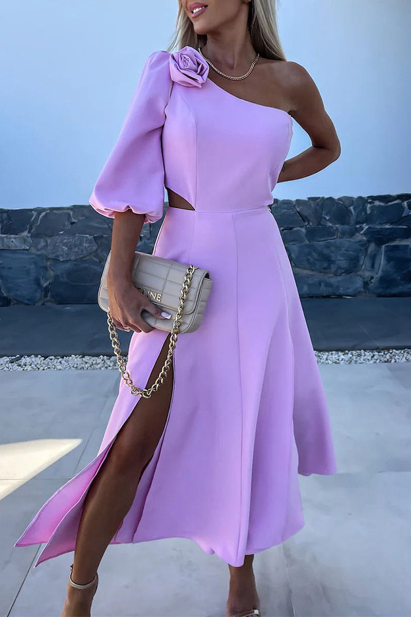 Celebrities Elegant Solid Slit Asymmetrical Flowers Oblique Collar A Line Dresses Pink