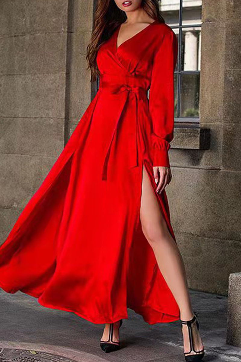 Celebrities Formal Solid Frenulum Slit V Neck Evening Dresses Red