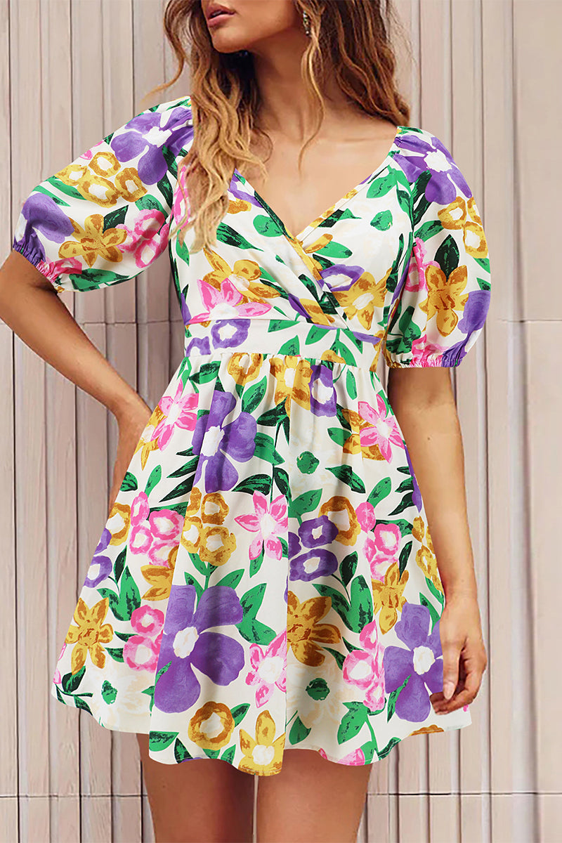 Sexy Vacation Floral Frenulum Contrast V Neck A Line Dresses