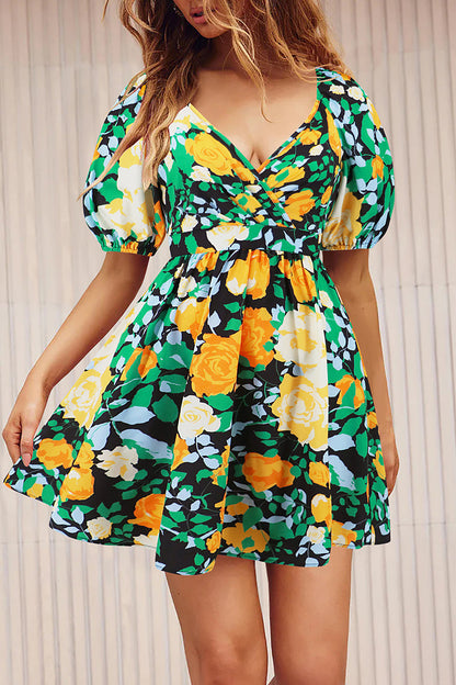 Sexy Vacation Floral Frenulum Contrast V Neck A Line Dresses Green Yellow