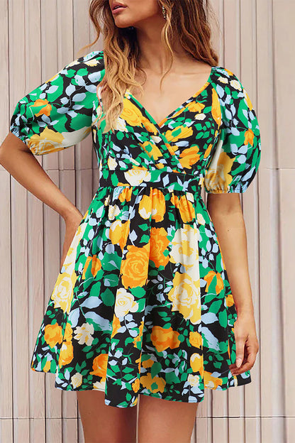 Sexy Vacation Floral Frenulum Contrast V Neck A Line Dresses