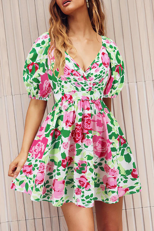 Sexy Vacation Floral Frenulum Contrast V Neck A Line Dresses Red Green