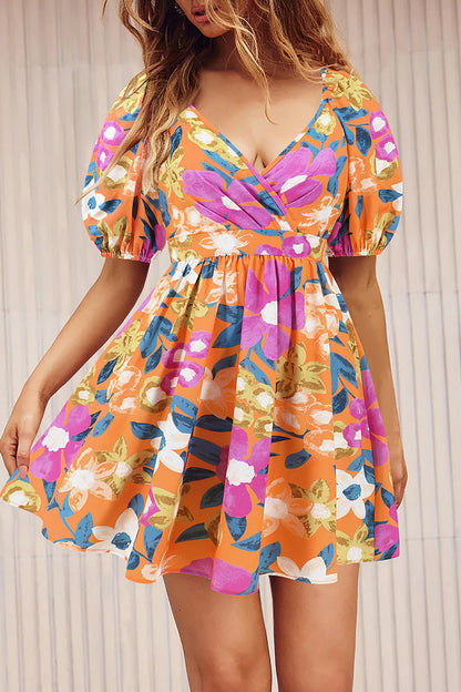 Sexy Vacation Floral Frenulum Contrast V Neck A Line Dresses Tangerine Red