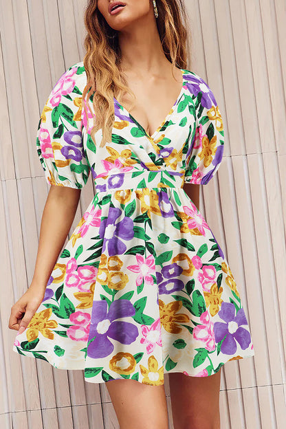 Sexy Vacation Floral Frenulum Contrast V Neck A Line Dresses Pink Purple