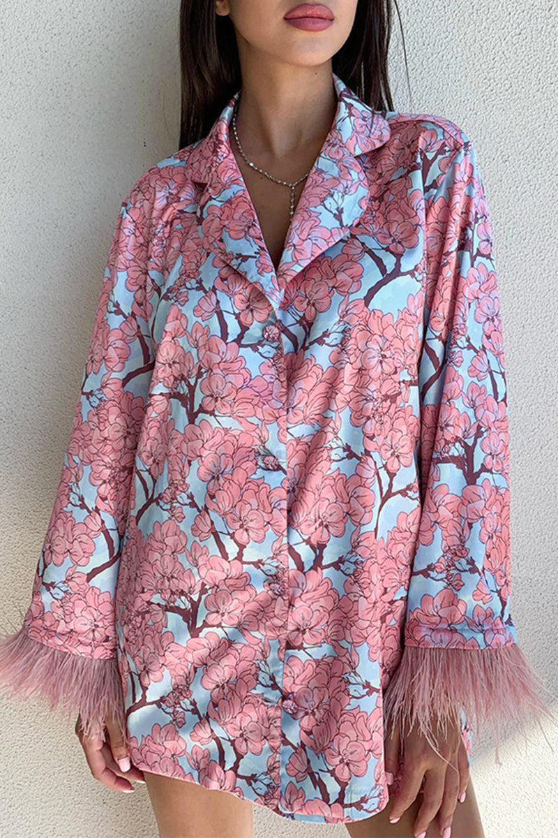 Floral Feathers Turndown Collar Long Sleeve Two Pieces