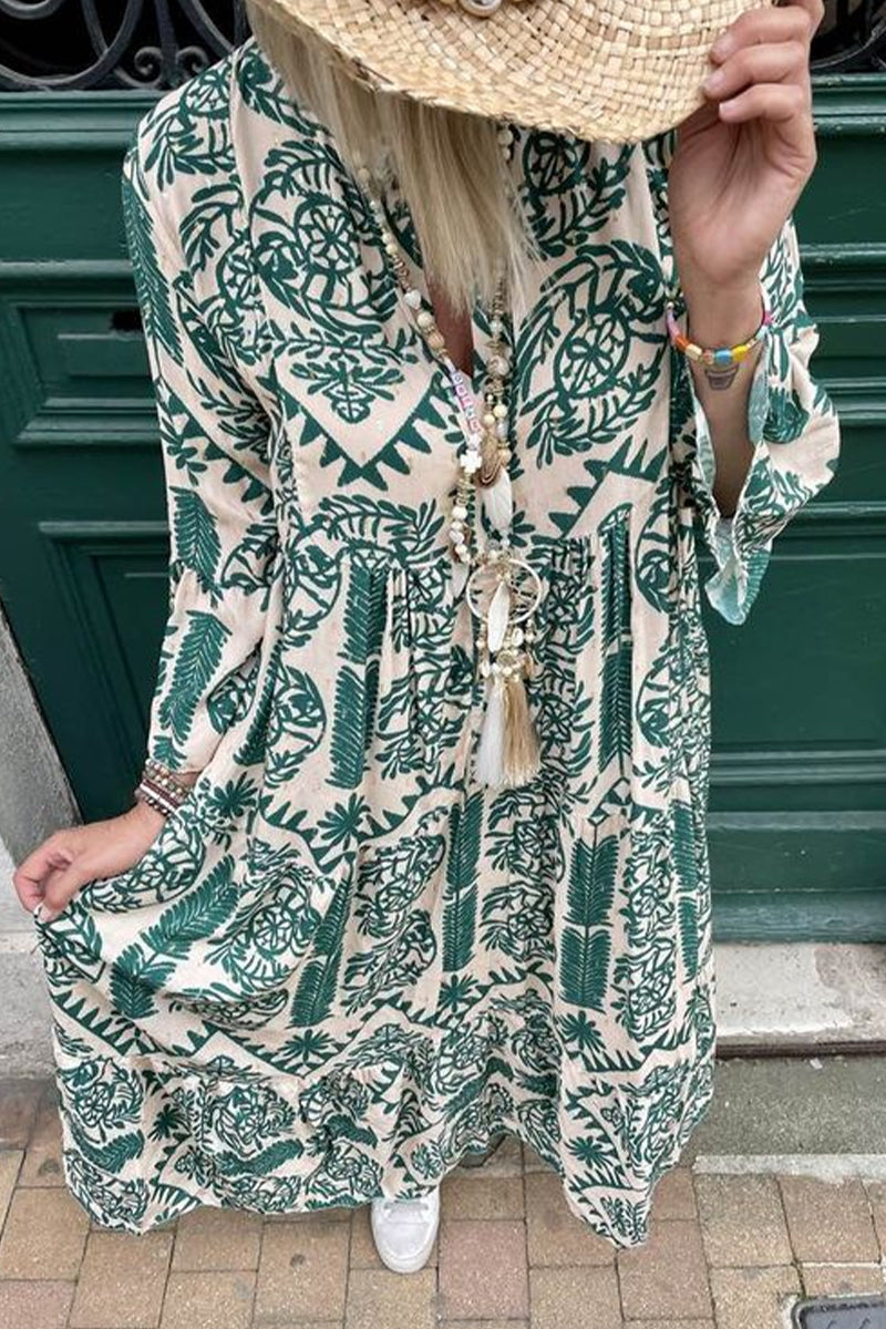 Casual Vintage Geometric Print Patchwork V Neck Printed Dresses Green