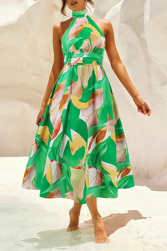 Bohemian Elegant Floral Contrast Mandarin Collar Printed Dresses Green