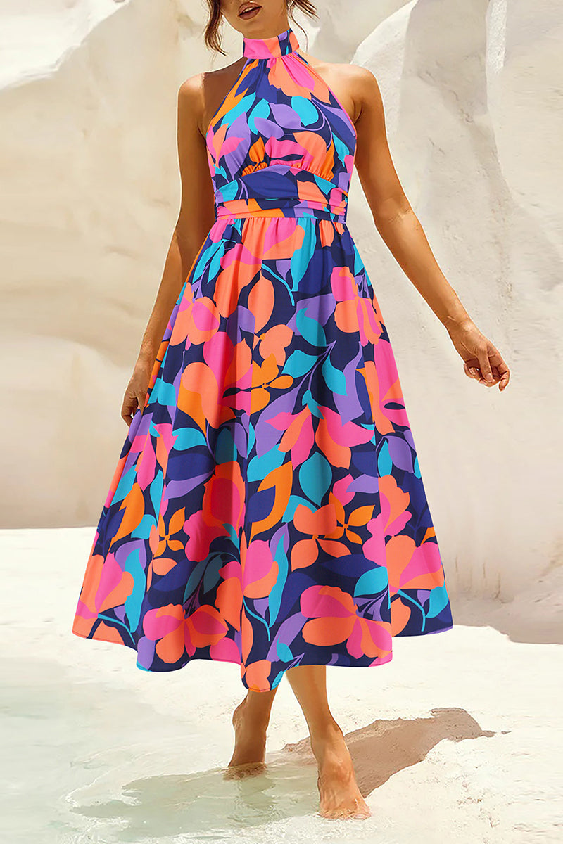 Bohemian Elegant Floral Contrast Mandarin Collar Printed Dresses Purple