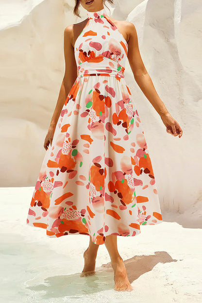 Bohemian Elegant Floral Contrast Mandarin Collar Printed Dresses Red