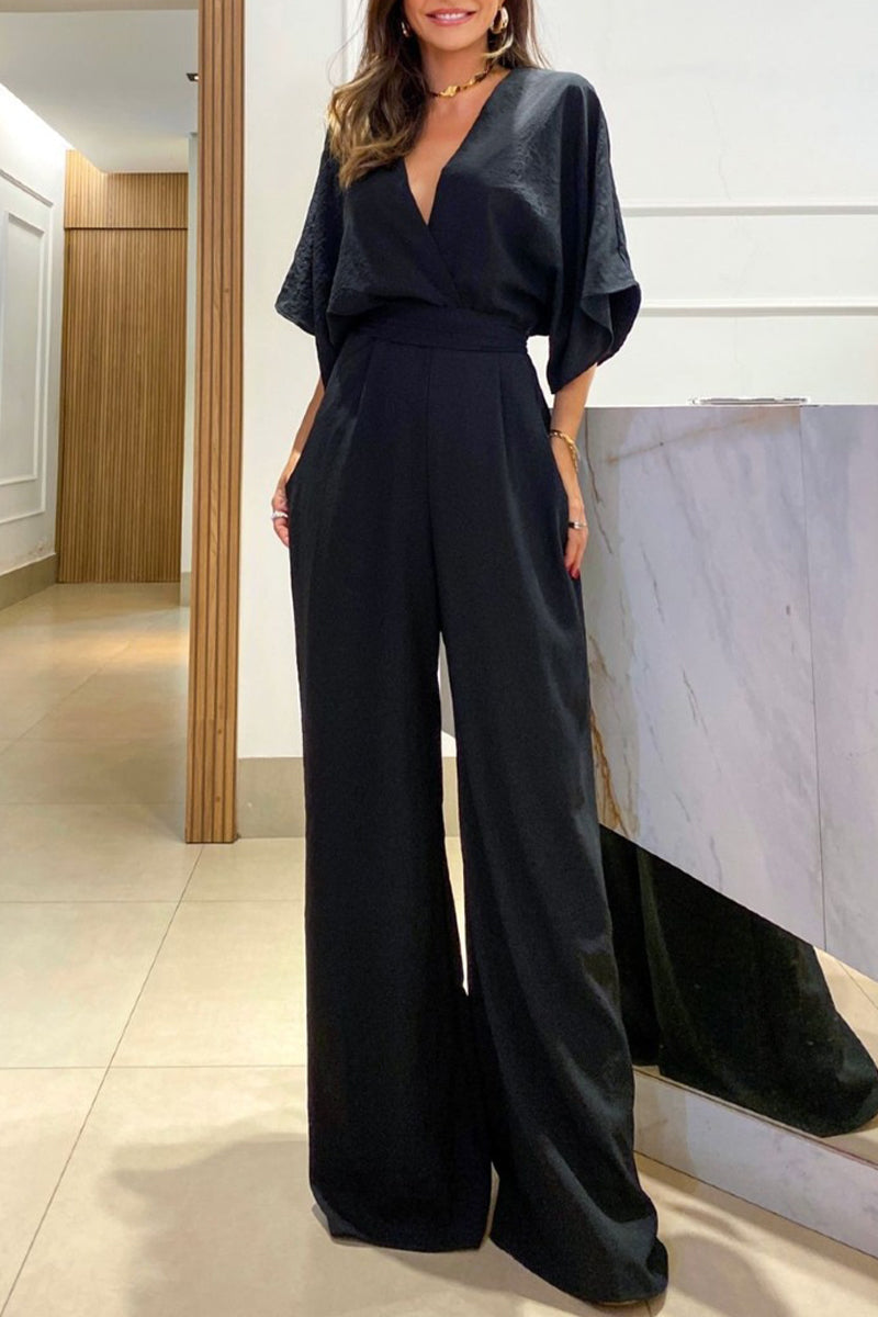 Elegant Solid Frenulum Backless V Neck Loose Jumpsuits Black