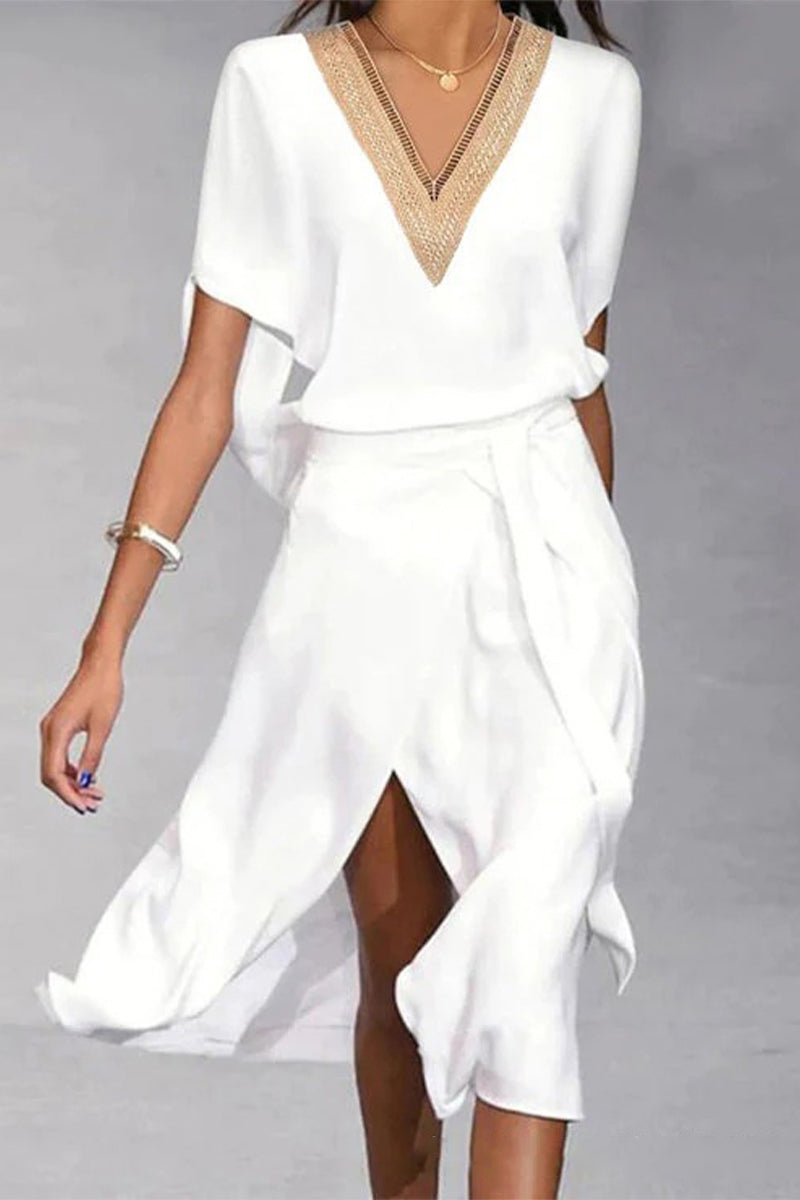 Casual Solid Bandage Slit V Neck A Line Dresses White