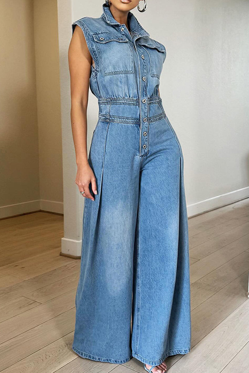 Street Solid Patchwork Pocket Buckle Turndown Collar Sleeveless High Waist Loose Denim Jumpsuits Blue