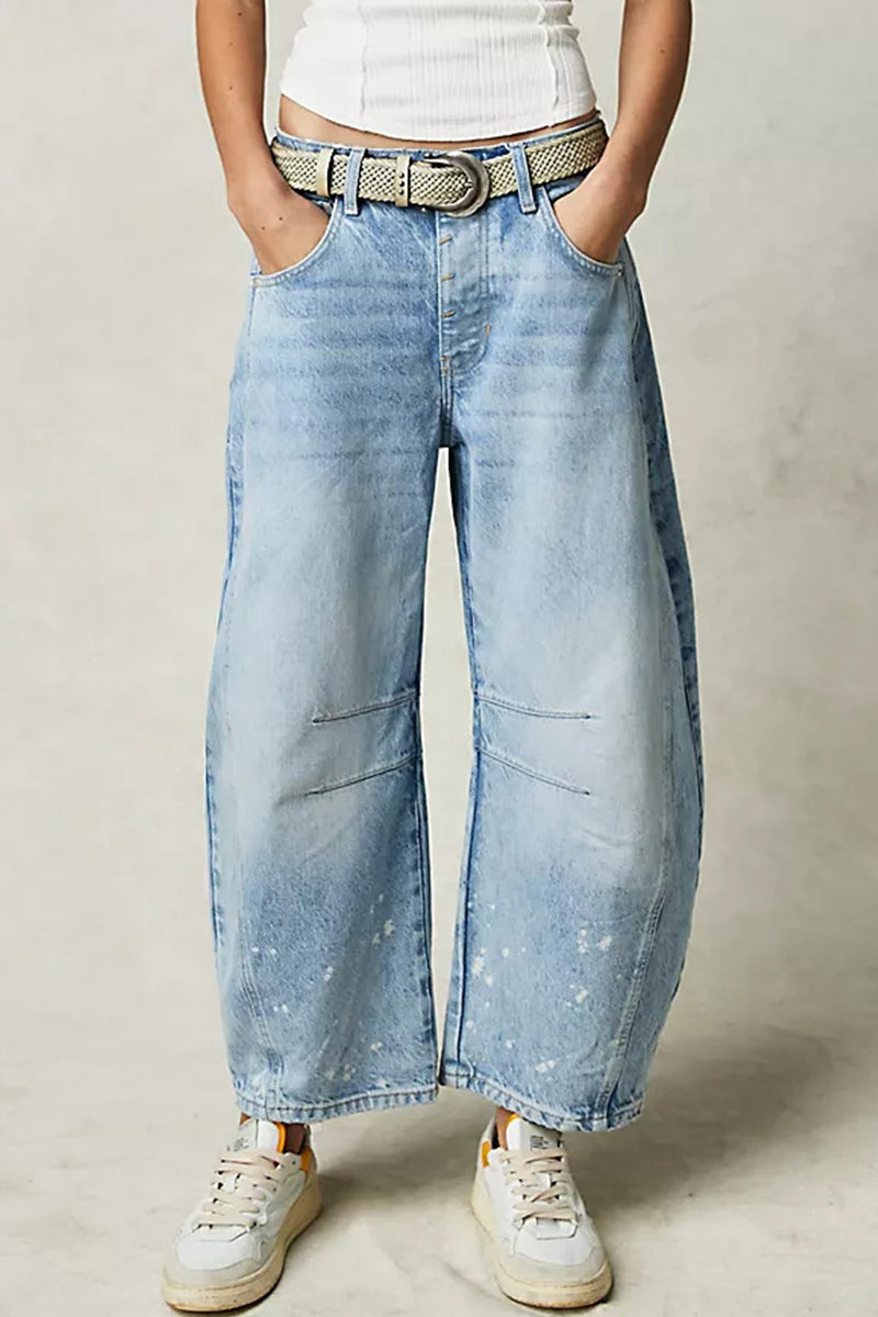 Casual Street Solid Pocket High Waist Denim Jeans Baby Blue