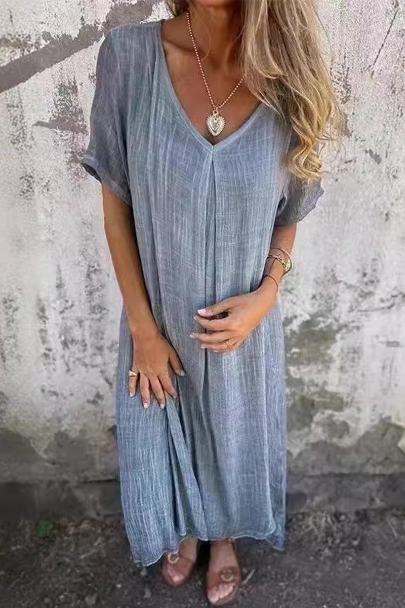 Casual Solid Make Old V Neck Short Sleeve Short Sleeve Dress Grey