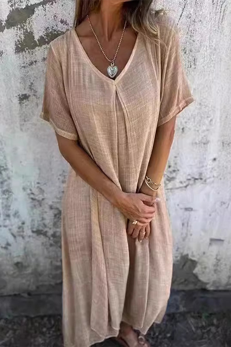 Casual Solid Make Old V Neck Short Sleeve Short Sleeve Dress Apricot