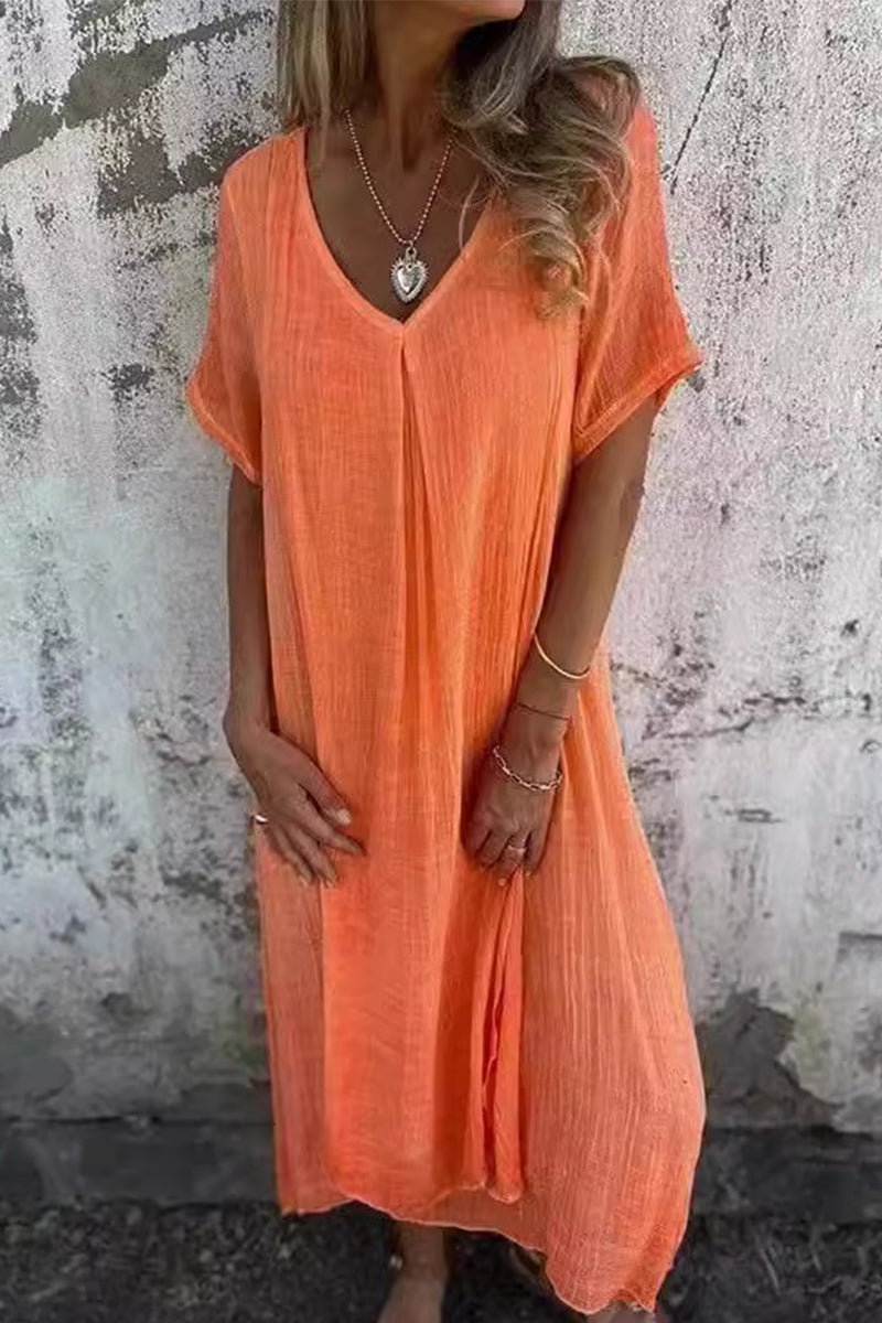 Casual Solid Make Old V Neck Short Sleeve Short Sleeve Dress Tangerine Red