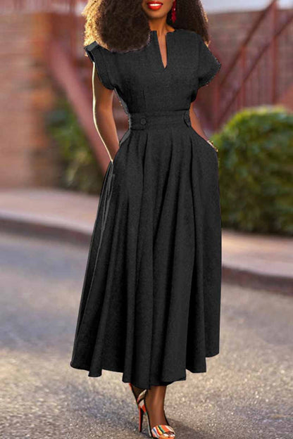 Casual Solid Patchwork V Neck Short Sleeve Dresses Black