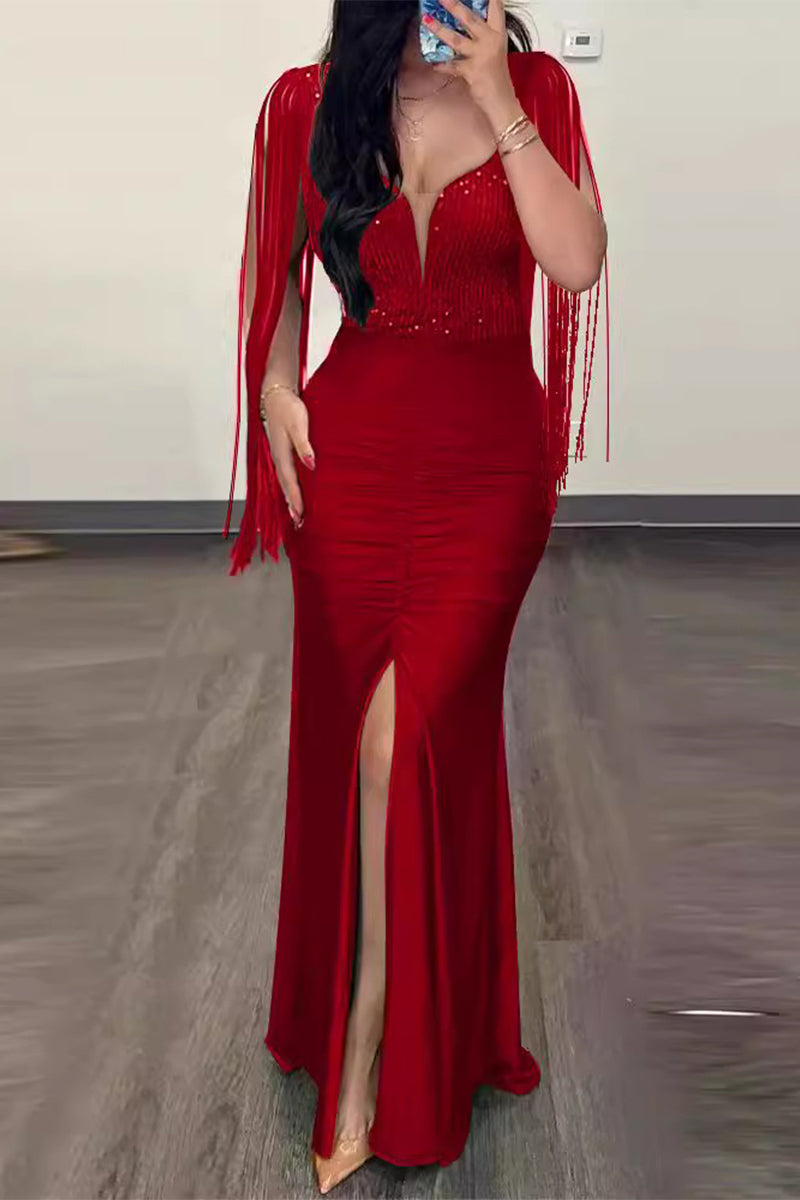 Sexy Formal Solid Tassel Sequins Slit V Neck Evening Dresses Red