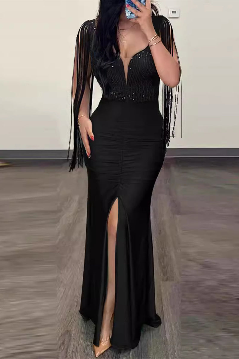 Sexy Formal Solid Tassel Sequins Slit V Neck Evening Dresses Black