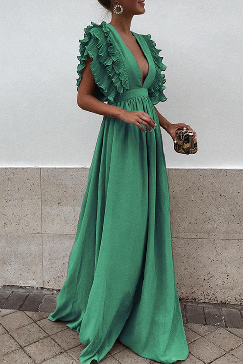 Casual Solid Backless V Neck Long Dresses Green