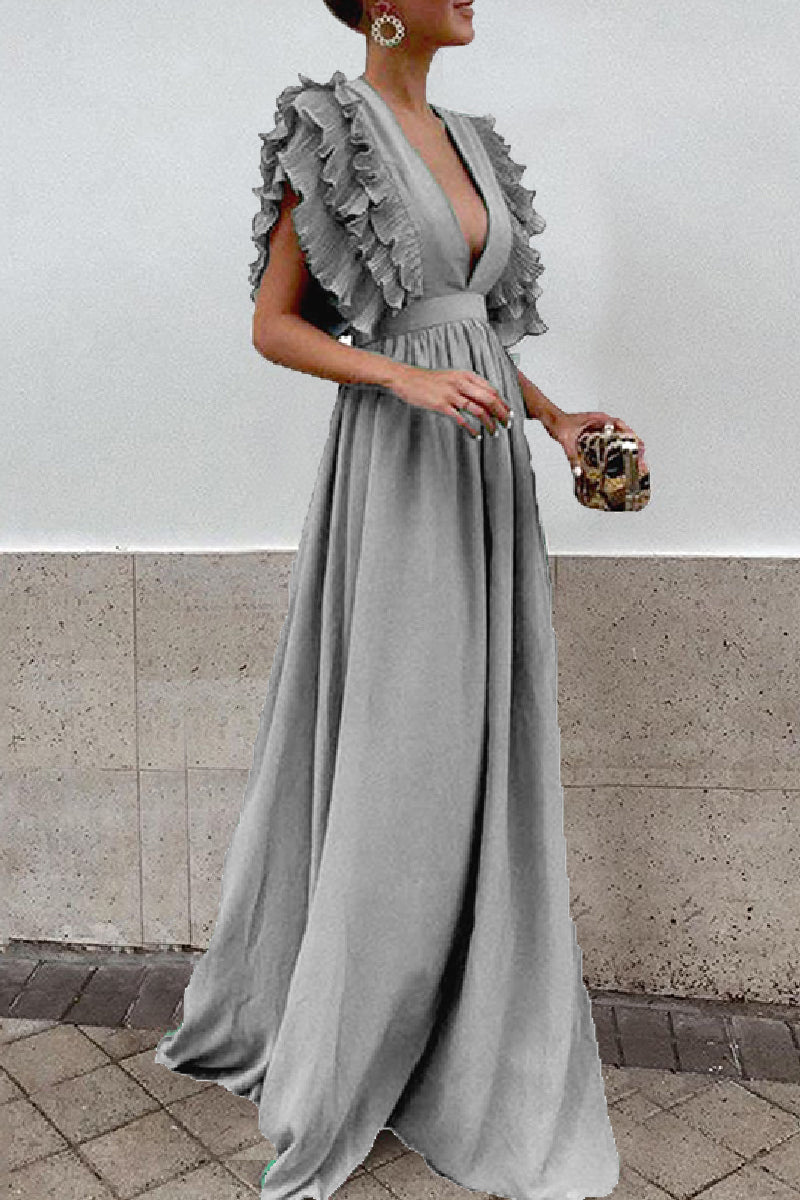 Casual Solid Backless V Neck Long Dresses Grey