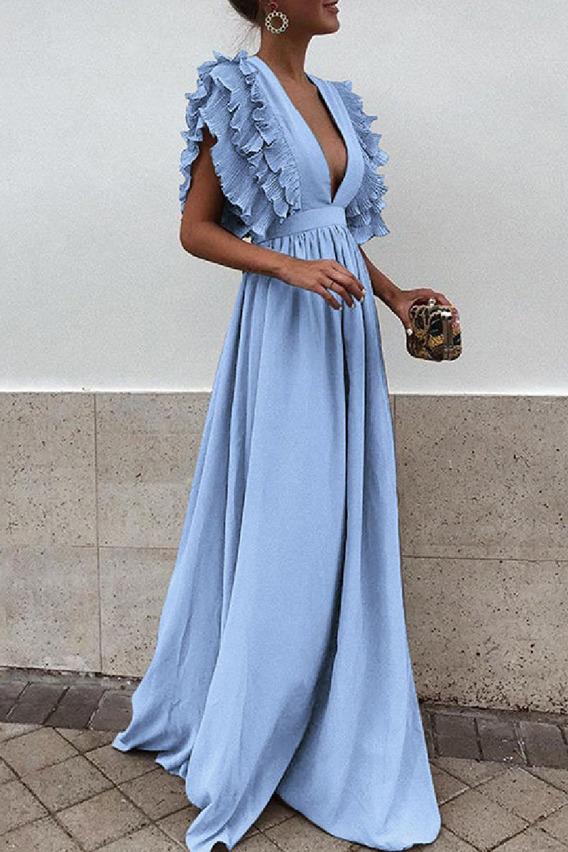 Casual Solid Backless V Neck Long Dresses Light Blue