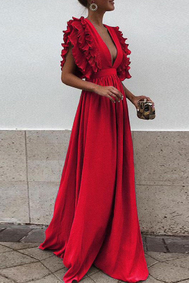 Casual Solid Backless V Neck Long Dresses Red