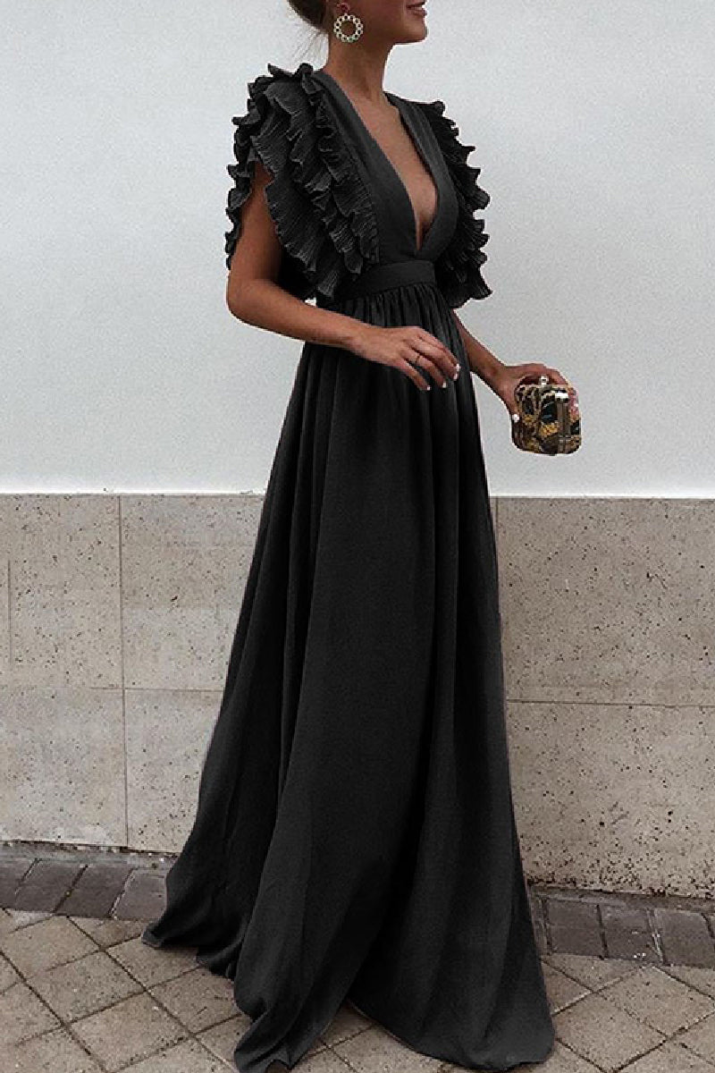 Casual Solid Backless V Neck Long Dresses Black