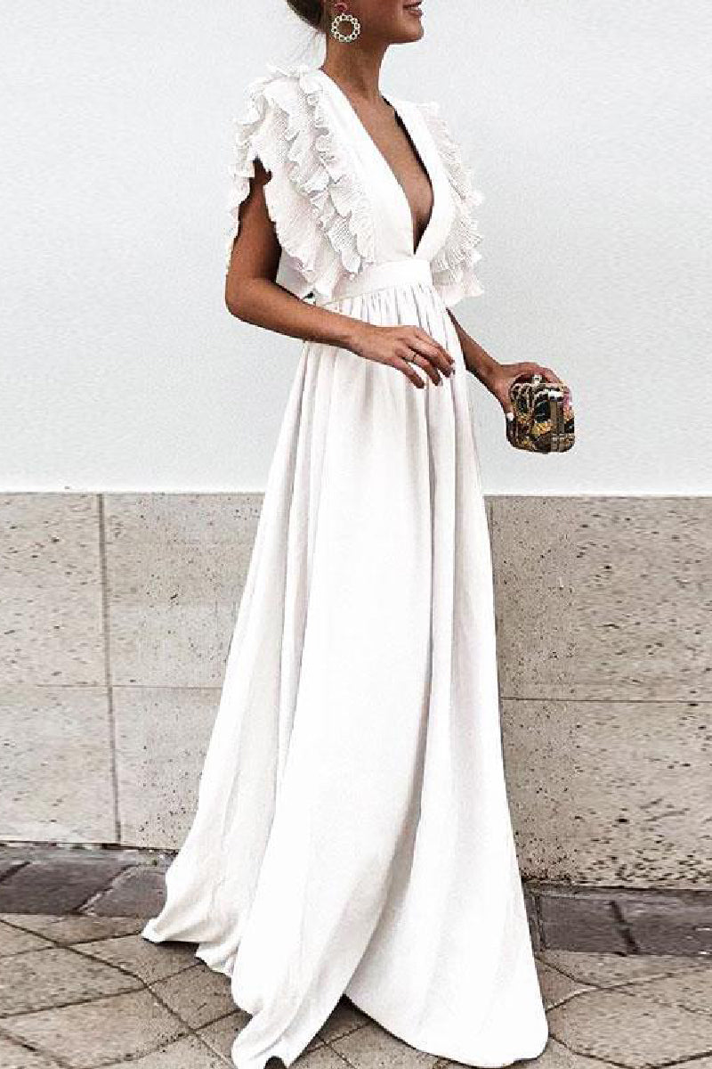 Casual Solid Backless V Neck Long Dresses White