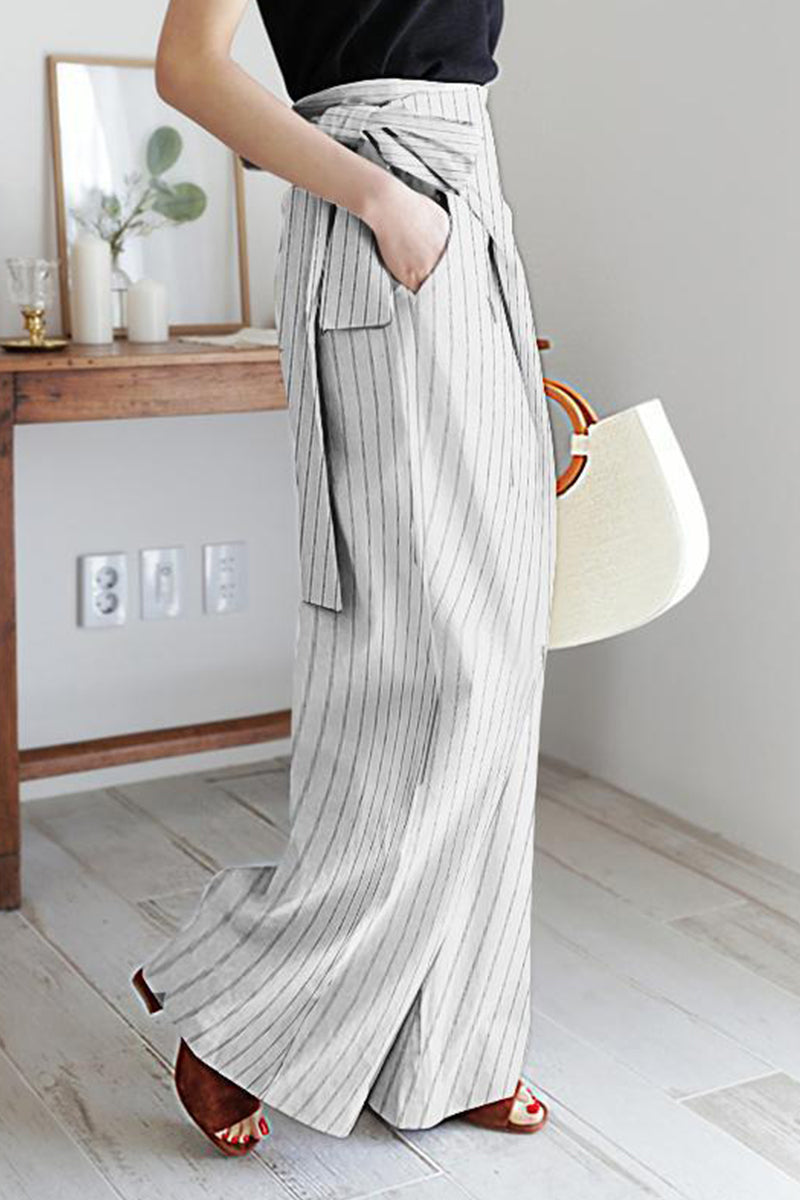 Casual British Style Striped Pocket Frenulum High Waist Wide Leg Full Print Bottoms White