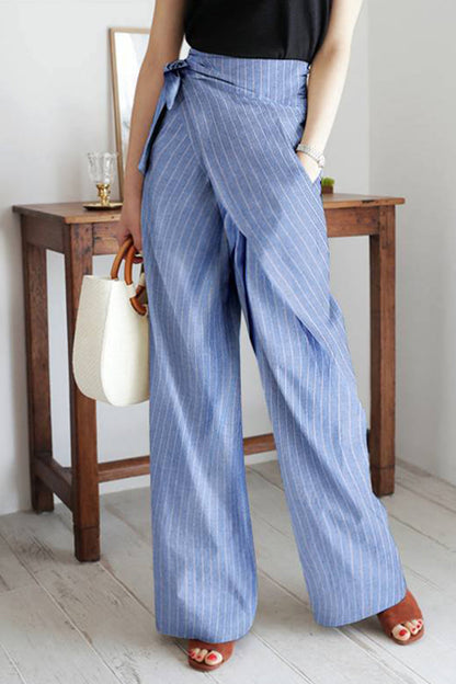 Casual British Style Striped Pocket Frenulum High Waist Wide Leg Full Print Bottoms Blue