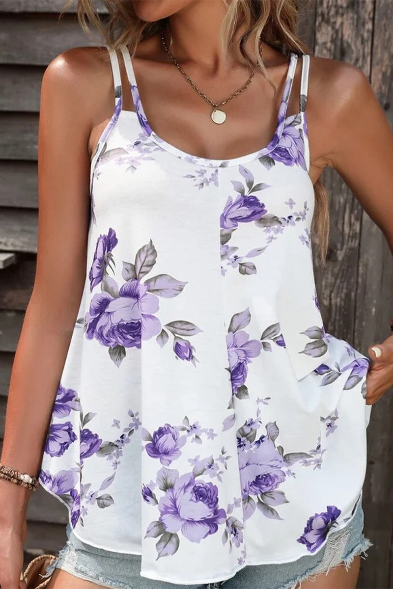 Casual Floral U Neck Tops Purple