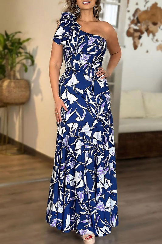 Casual Print Patchwork Backless Oblique Collar Long Dresses Blue