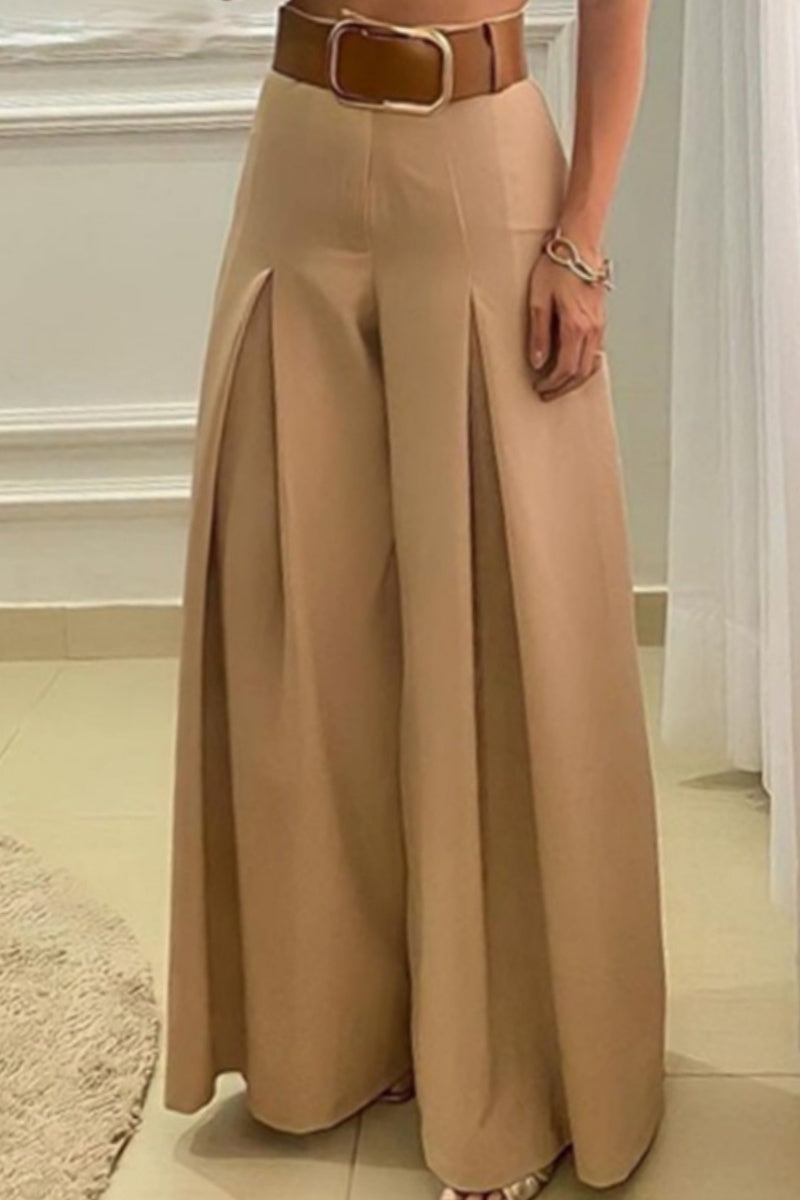 Casual Solid Patchwork Regular High Waist Wide Leg Solid Color Trousers (Without Belt) Khaki