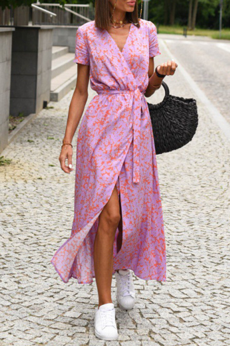 Vintage Elegant Floral Bandage Slit V Neck A Line Dresses Pink