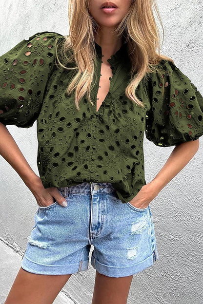 Casual Solid Hollowed Out Buckle Mandarin Collar Tops Army Green