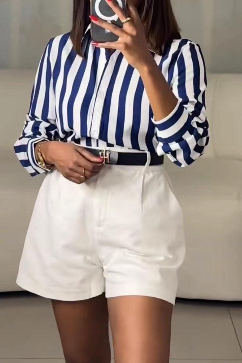 Casual Striped Patchwork Buckle Shirt Collar Tops