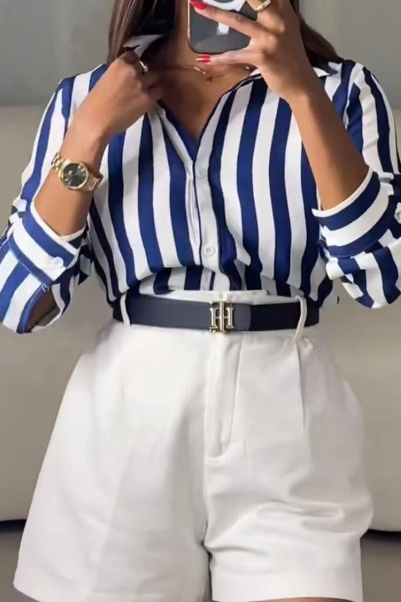 Casual Striped Patchwork Buckle Shirt Collar Tops