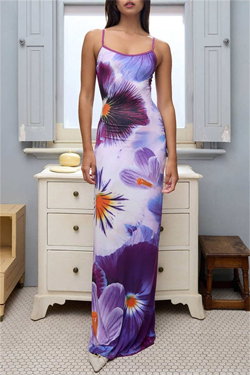 Casual Print Backless Spaghetti Strap Long Dresses