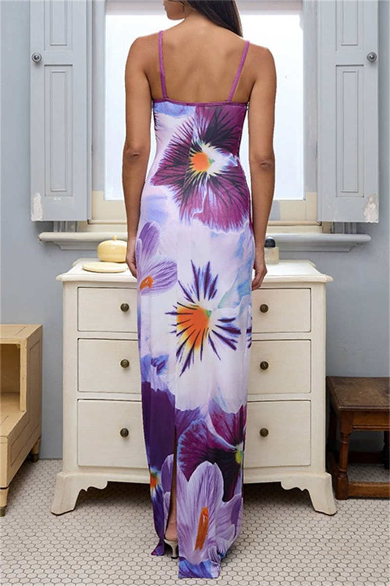 Casual Print Backless Spaghetti Strap Long Dresses