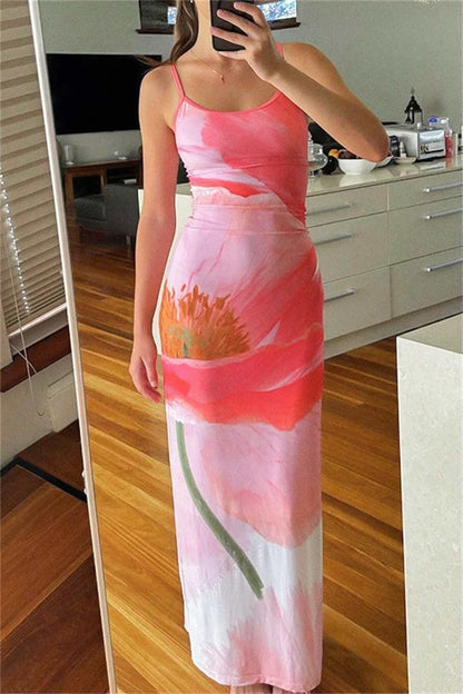 Casual Print Backless Spaghetti Strap Long Dresses